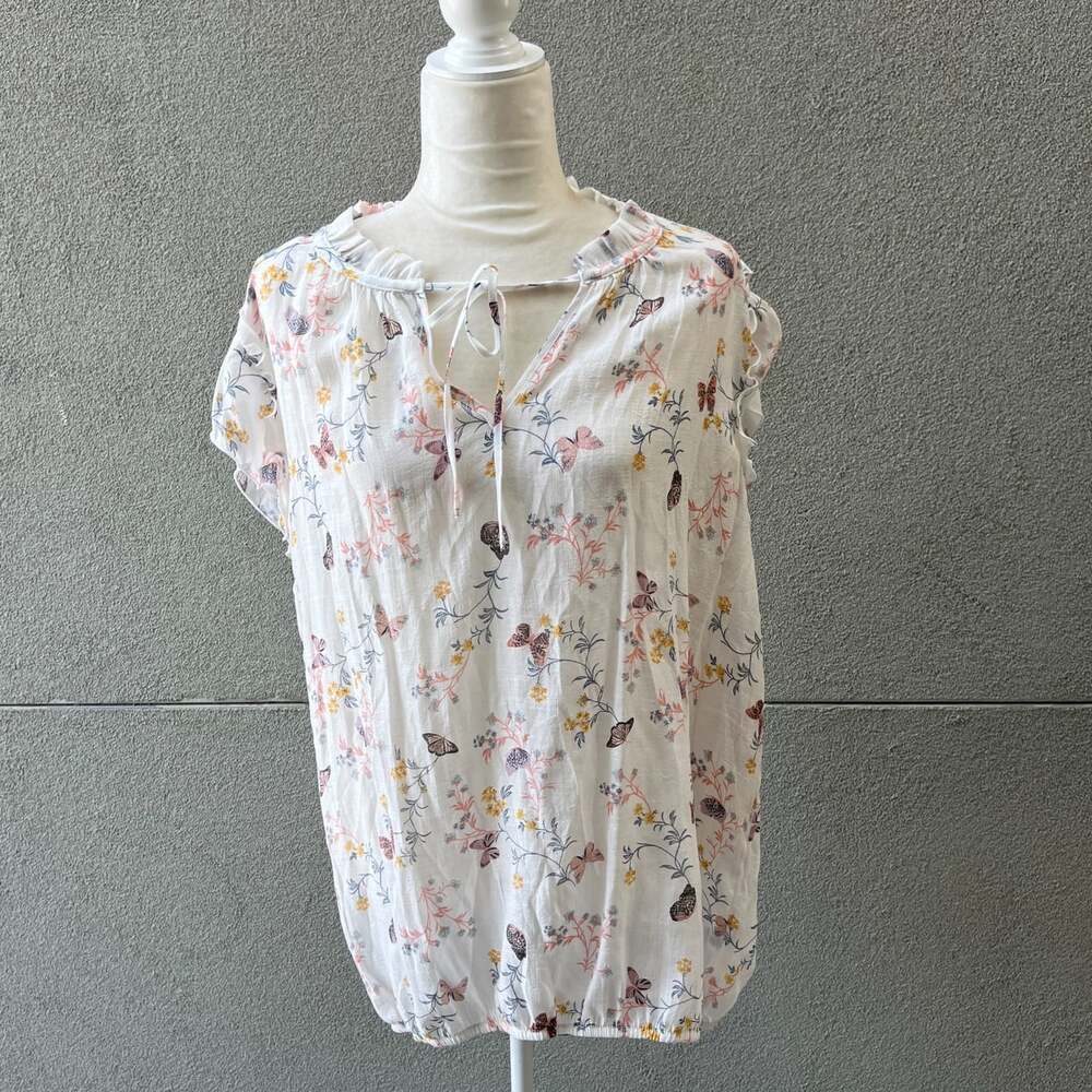 C By One Floral White Butterfly Ruffle Capped Sleeve Bubble Waist  3X Blouse